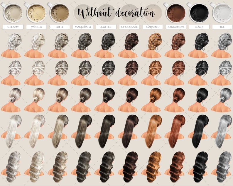 May include: A digital illustration featuring various hairstyles and coffee cup illustrations. The hairstyles range from buns to long, flowing locks in shades of blonde, brown, and black. Coffee cup illustrations include creamy, vanilla, latte, macchiato, coffee, chocolate, caramel, cinnamon, black, and ice.