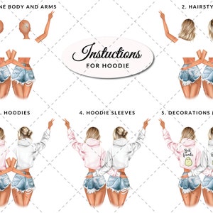 May include: Instructions for creating a custom hoodie design featuring two figures with different hairstyles, hoodies, and optional decorations. The text "Best Friends" is included on the back of the hoodies.