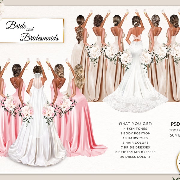 Mariée et demoiselles d’honneur Mariage Fête Robe de mariée Demoiselle d’honneur Cadeau de mariée Mariée Cadeau personnalisé Custom Clipart DIY