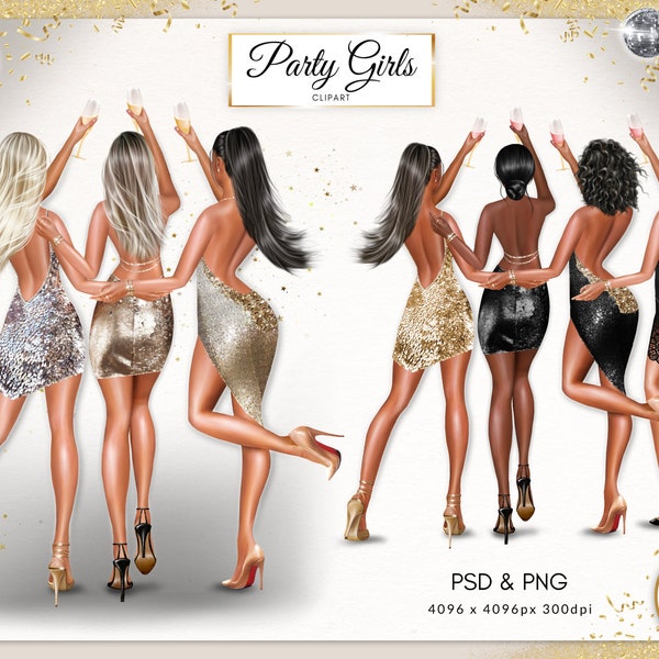 Party Girls Fashion Illustration Best Friends Sisters Clipart DIY, PNG PSD Téléchargement instantané, Utilisation commerciale gratuite