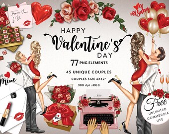 Feliz día de San Valentín, pareja enamorada, clipart DIY, uso comercial gratuito