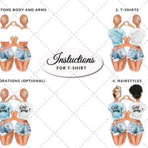 May include: Instructions for customizing a t-shirt design featuring two women with denim shorts, holding hands in a heart shape. The design includes options for skin tone, t-shirt style, decorations, and hairstyles.