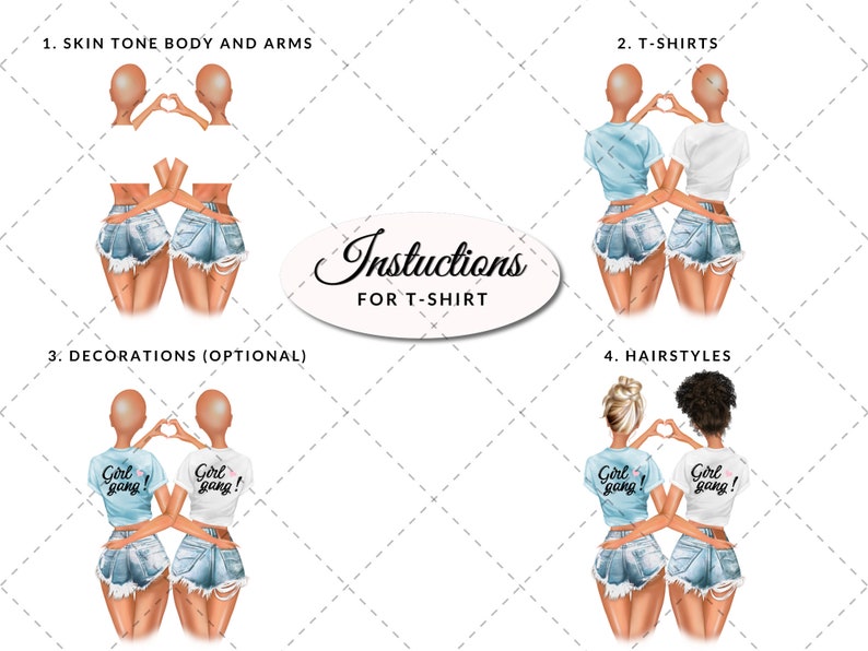 May include: Instructions for customizing a t-shirt design featuring two women with denim shorts, holding hands in a heart shape. The design includes options for skin tone, t-shirt style, decorations, and hairstyles.