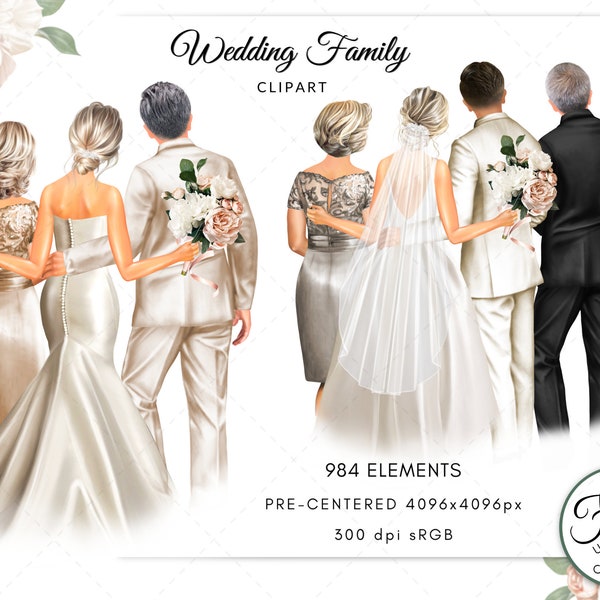 Hochzeit Familie Braut und Bräutigam mit Eltern, Ehepaar Hochzeit Tag DIY Clipart, kostenlose kommerzielle Nutzung