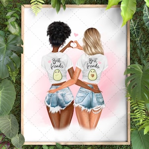 May include: Two friends wearing white t-shirts with the text "Best Friends" and an avocado graphic. They are wearing denim shorts and are making a heart shape with their hands.