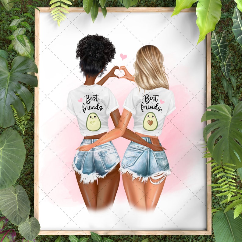 May include: Two friends wearing white t-shirts with the text "Best Friends" and an avocado graphic. They are wearing denim shorts and are making a heart shape with their hands.