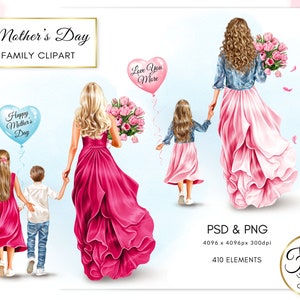 Illustrazione di moda Clipart per la famiglia della festa della mamma, Clipart regalo per la mamma, Clipart mamma con bambini, Uso commerciale gratuito fai da te immagine 1