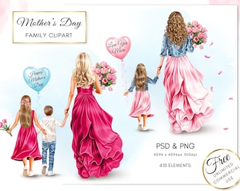 Illustrazione di moda Clipart per la famiglia della festa della mamma, Clipart regalo per la mamma, Clipart mamma con bambini, Uso commerciale gratuito fai da te