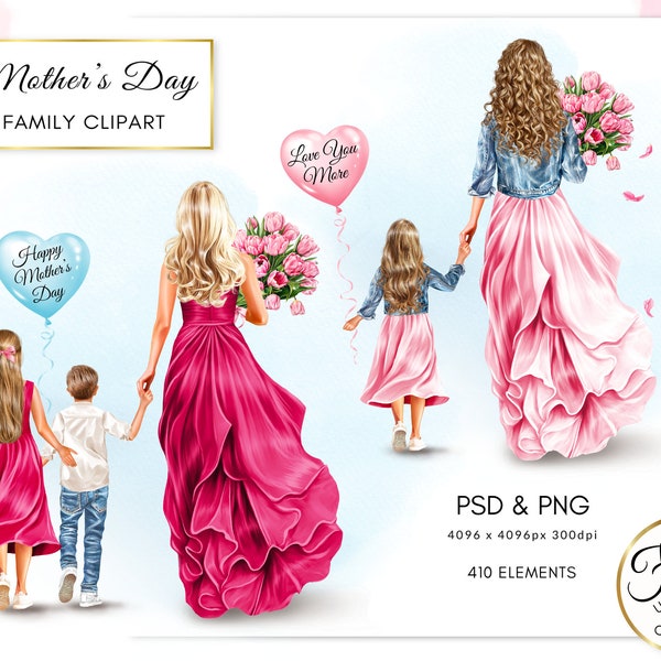 Fashion Illustration Mother's Day Family Clipart, Gift for Mom Clipart, Mom with Kids Clipart, DIY Free Commercial Use