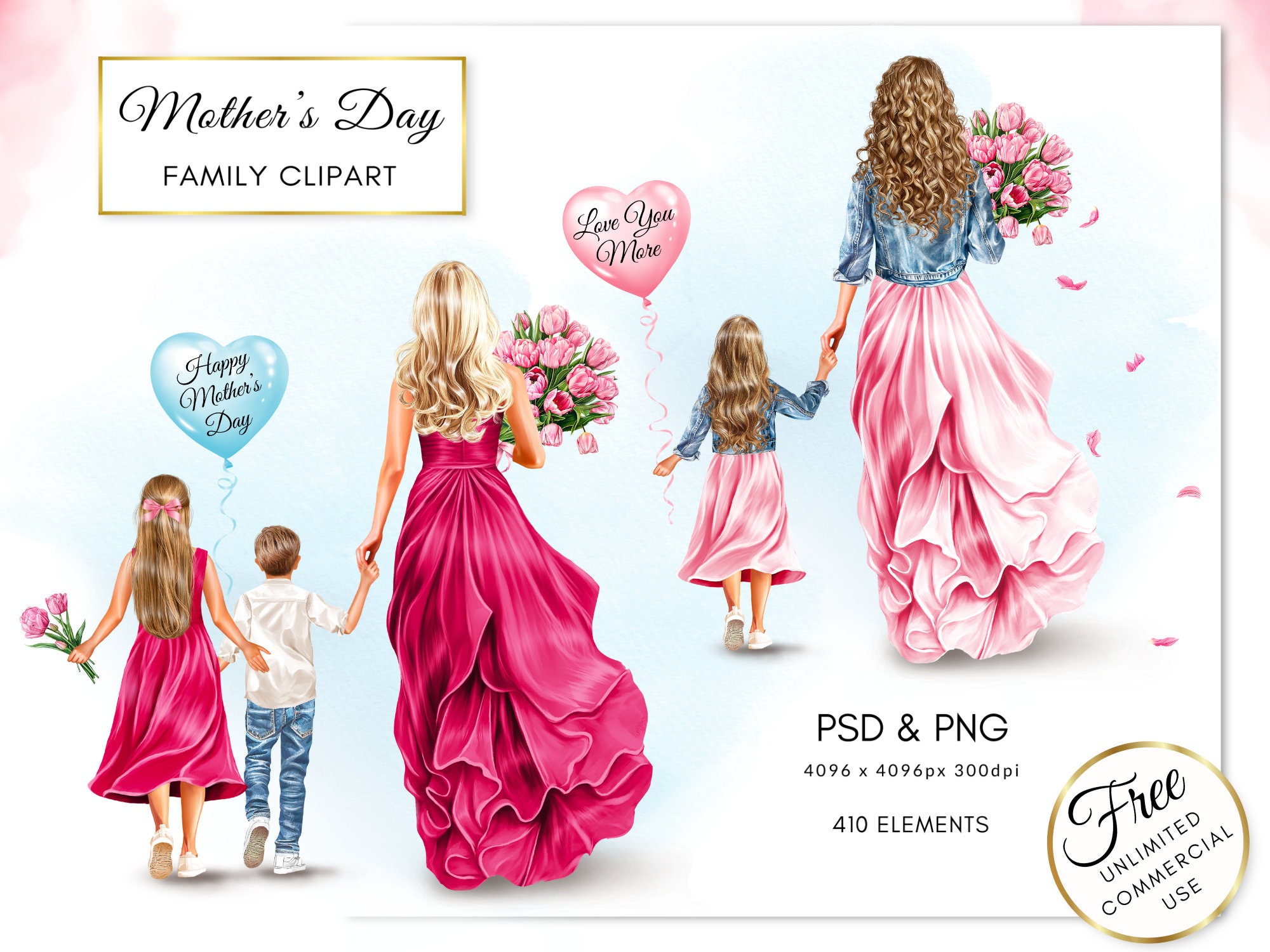 Fashion Illustration Mother's Day Family Clipart, Gift for Mom Clipart, Mom with Kids Clipart, DIY Free Commercial Use