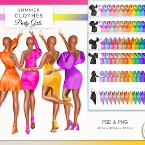 Puede incluir: Cuatro mujeres con vestidos de diferentes colores, con el título "Summer Clothes Party Girls" en la parte superior. Los vestidos son todos cortos y tienen diferentes estilos. Las mujeres sonríen y miran a la cámara. Hay muchos vestidos de diferentes colores en el fondo.