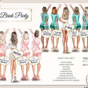 Könnte beinhalten: Digitale Illustration einer Braut und ihrer Brautjungfern. Die Braut trägt einen weißen Bademantel, die Brautjungfern rosa Roben oder türkisfarbene Pyjamas. Jede hält ein Schild mit Text wie "Maid of Honor" oder "I Do". Der Text "Bride Party" steht oben.