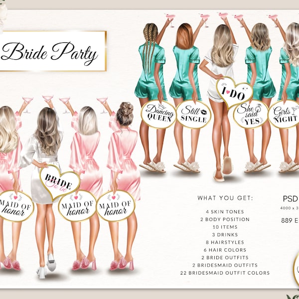 Bachelorette Party Clipart Mariage Demoiselles d’honneur Mariée Cadeau Robes de fête nuptiale Fête de mariage Cadeau personnalisé Cadeau personnalisé Clipart DIY