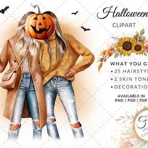 Halloween Girls Fashion Illustration Clipart, Fall Clipart, Pumpkin Clipart, Best Friends Clipart, Sisters Clipart, Free Commercial Use
