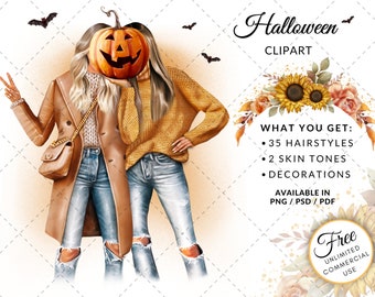 Clipart di illustrazioni di moda per ragazze di Halloween, clipart di autunno, clipart di zucca, clipart dei migliori amici, clipart di sorelle, uso commerciale gratuito