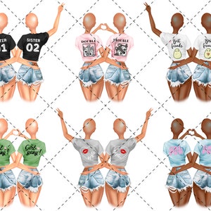 May include: Two sets of best friends wearing matching t-shirts with different sayings. The first set has black shirts with "Sister 01" and "Sister 02" printed on them. The second set has pink shirts with "Double Trouble" and a cartoon raccoon and a cartoon fox printed on them. The third set has white shirts with "Best Friends" and a cartoon avocado printed on them. The fourth set has green shirts with "Girl Gang!" printed on them. The fifth set has gray shirts with "Sister" and a red heart printed on them. The sixth set has blue shirts with "Girl Power" printed on them. All of the friends are wearing denim shorts.