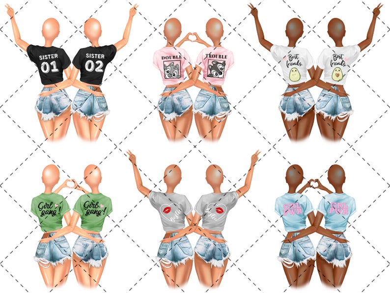 May include: Two sets of best friends wearing matching t-shirts with different sayings. The first set has black shirts with "Sister 01" and "Sister 02" printed on them. The second set has pink shirts with "Double Trouble" and a cartoon raccoon and a cartoon fox printed on them. The third set has white shirts with "Best Friends" and a cartoon avocado printed on them. The fourth set has green shirts with "Girl Gang!" printed on them. The fifth set has gray shirts with "Sister" and a red heart printed on them. The sixth set has blue shirts with "Girl Power" printed on them. All of the friends are wearing denim shorts.