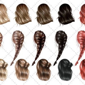 May include: Set of nine digital illustrations of different hairstyles for women. The hairstyles include straight, wavy, and braided styles in blonde, brown, and red hair colors.