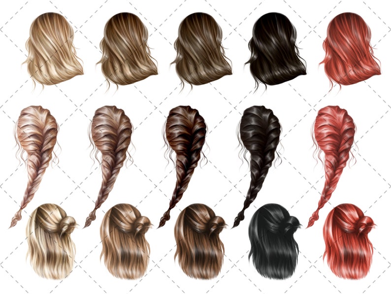 May include: Set of nine digital illustrations of different hairstyles for women. The hairstyles include straight, wavy, and braided styles in blonde, brown, and red hair colors.