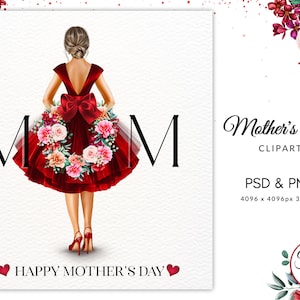 Happy Mother&#39;s Day Fashion Illustration Clipart, Gift for Mom Clipart, Mom with kids Clipart, DIY, Free Commercial Use