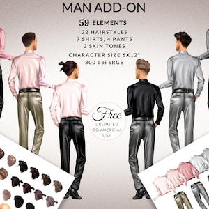 May include: A digital illustration set of 59 elements for creating male characters. The set includes 22 hairstyles, 7 shirts, 4 pants, and 2 skin tones. The characters are 6 inches by 12 inches and 300 dpi. The illustration is in sRGB color space.