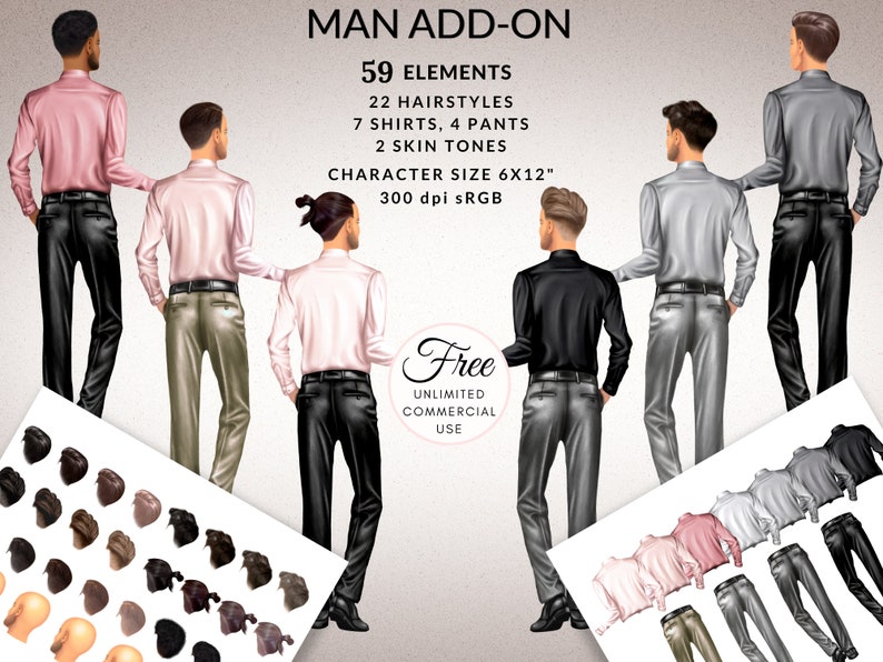 May include: A digital illustration set of 59 elements for creating male characters. The set includes 22 hairstyles, 7 shirts, 4 pants, and 2 skin tones. The characters are 6 inches by 12 inches and 300 dpi. The illustration is in sRGB color space.