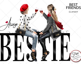 Best Friends on Text Fashion Illustration Clipart DIY, Free Commercial Use