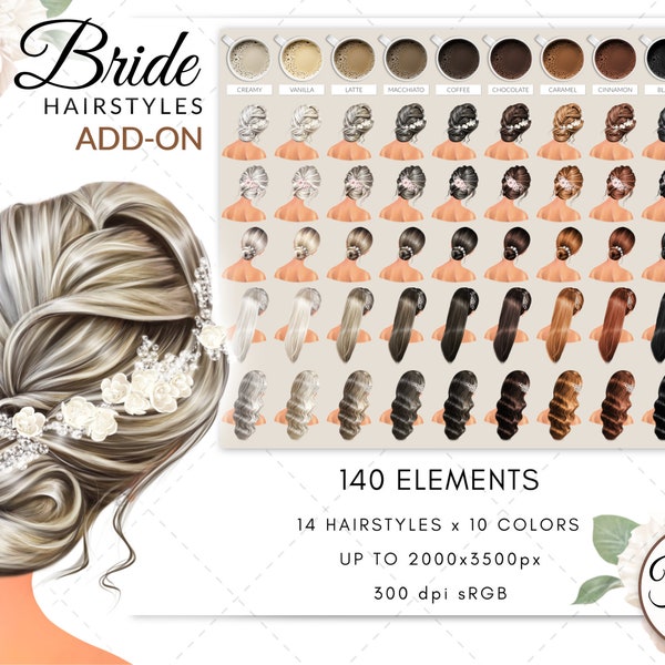 Paquete de peinado de novia, cabello ondulado nupcial, cabello lacio, peinados de mujer DIY Clipart uso comercial gratuito