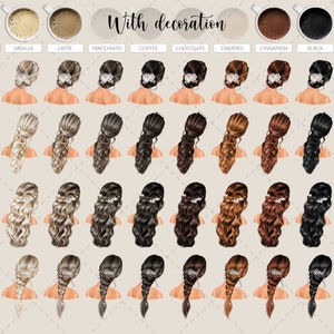May include: An illustration featuring various hairstyles and coffee cup illustrations. The hairstyles include different colors and styles, some with decorative hair accessories. The coffee cups are labeled with coffee drink names such as "Creamy", "Vanilla", and "Latte". The text "With decoration" is also present.