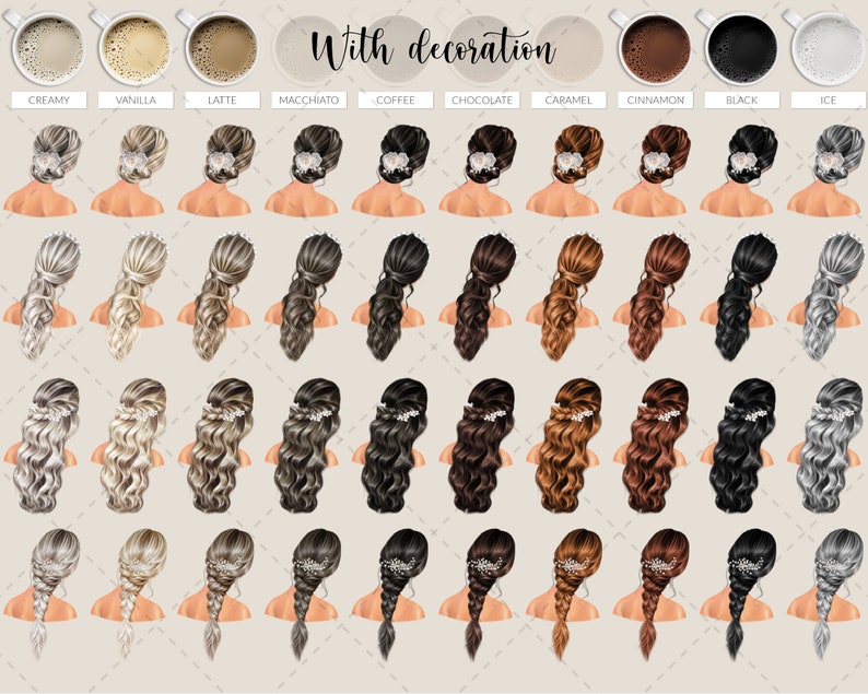 May include: An illustration featuring various hairstyles and coffee cup illustrations. The hairstyles include different colors and styles, some with decorative hair accessories. The coffee cups are labeled with coffee drink names such as "Creamy", "Vanilla", and "Latte". The text "With decoration" is also present.