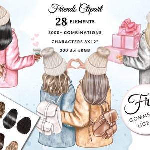 Beste vrienden clipart, zusters clipart, BFF clipart, meisje clipart, mode clipart, DIY, gratis commercieel gebruik
