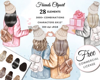 Best Friends Clipart, Sisters Fashion Illustration, DIY Graphics (Digital Download)