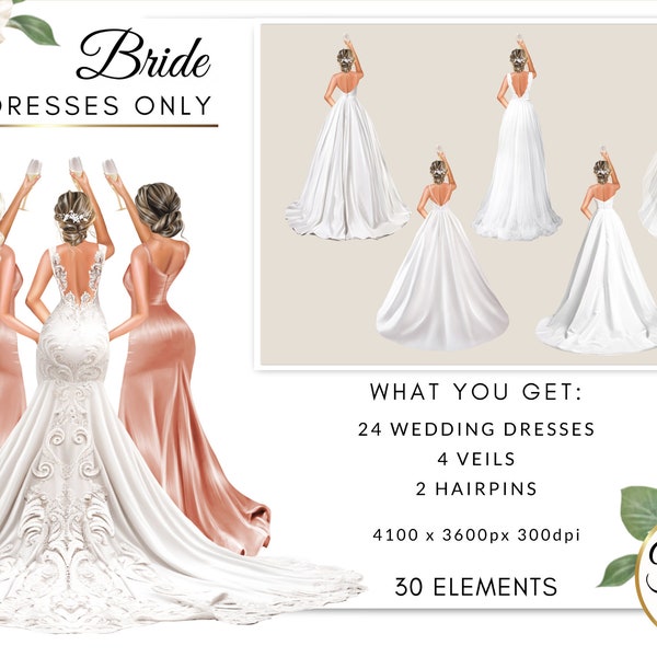 Wedding Dress Bridal Party Bride and Bridesmaids Proposal Wedding Day Addon DIY Clipart Digital Illustration, Free Commercial Use