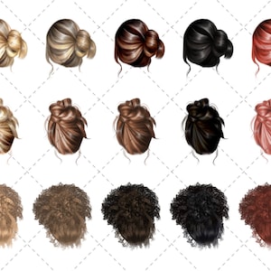May include: A set of 10 different hair styles, including blonde, brown, black, and red hair colors. The hair is styled in a bun.