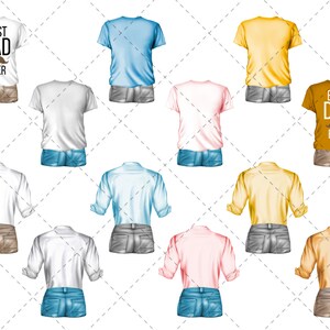 May include: A set of ten different t-shirts and button-down shirts in various colors, including white, blue, yellow, pink, and brown. Some shirts feature the text "Best Dad Ever" with a mustache graphic.