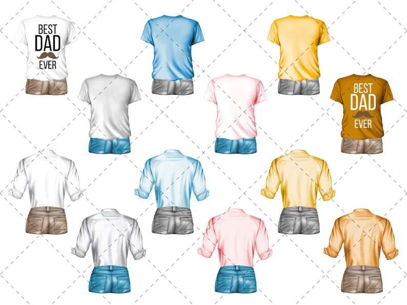 May include: A set of ten different t-shirts and button-down shirts in various colors, including white, blue, yellow, pink, and brown. Some shirts feature the text "Best Dad Ever" with a mustache graphic.