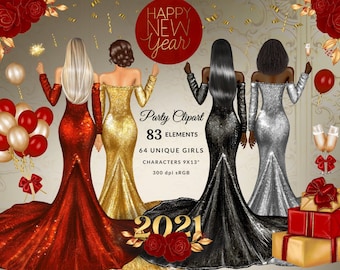 Clipart de la Saint-Sylvestre : filles à la mode, éléments de fête (téléchargement numérique)