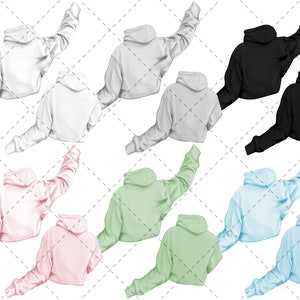 May include: Eight cropped hoodies in different colors: white, black, light pink, light blue, and light green. Each hoodie is shown in two views, one with the hood up and the other with the hood down.