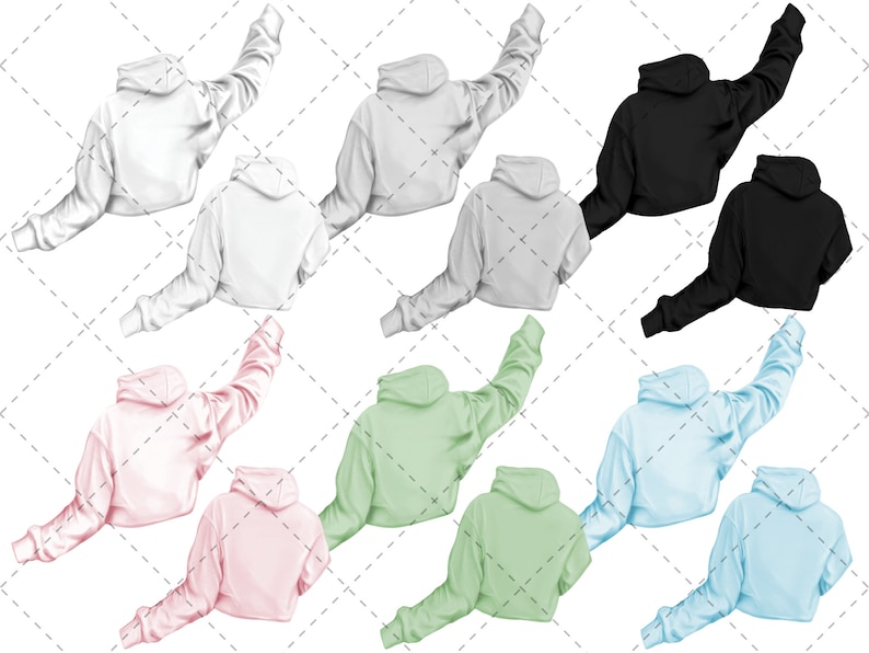 May include: Eight cropped hoodies in different colors: white, black, light pink, light blue, and light green. Each hoodie is shown in two views, one with the hood up and the other with the hood down.