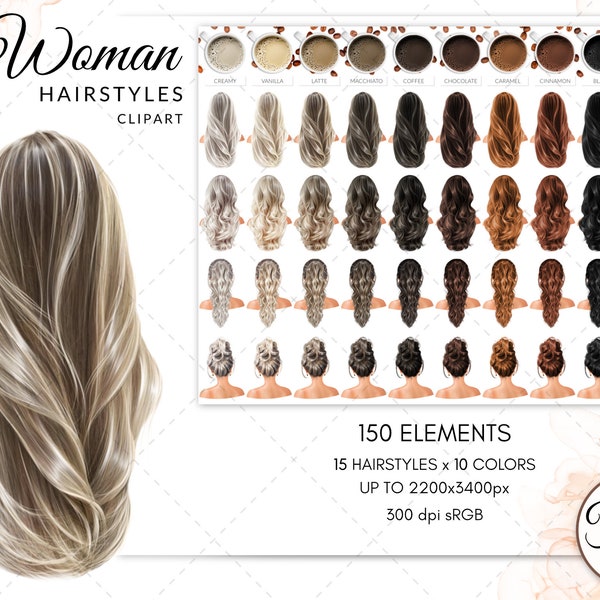 Frau Natural Hairstyle Pack 1, Welliges Haar, glattes Haar, lockiges Haar, Afro-Haar, Frauen Frisuren DIY Clipart Kostenlose kommerzielle Nutzung