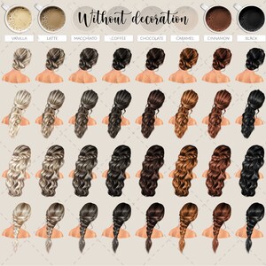 May include: An illustration featuring various hairstyles and coffee cup designs. The hairstyles include buns, braids, and ponytails in shades of blonde, brown, and black. Coffee cups are labeled with coffee drink names like "Creamy", "Vanilla", and "Latte". The text "Without decoration" is at the top.