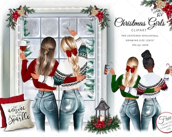 Christmas Girls Clipart, Fashion Illustration, DIY Best Friends (Digital Download)