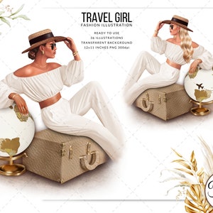 Travel Girl Fashion Illustration Summer Vibe Vacation Clipart Travel Instant Download, Ready to Use, Free Commercial Use