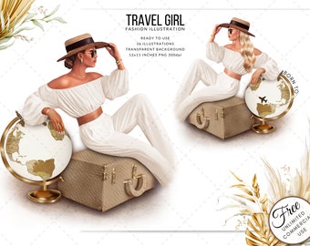 Travel Girl Clipart: Summer Vacation Fashion Illustration (Digital Download)