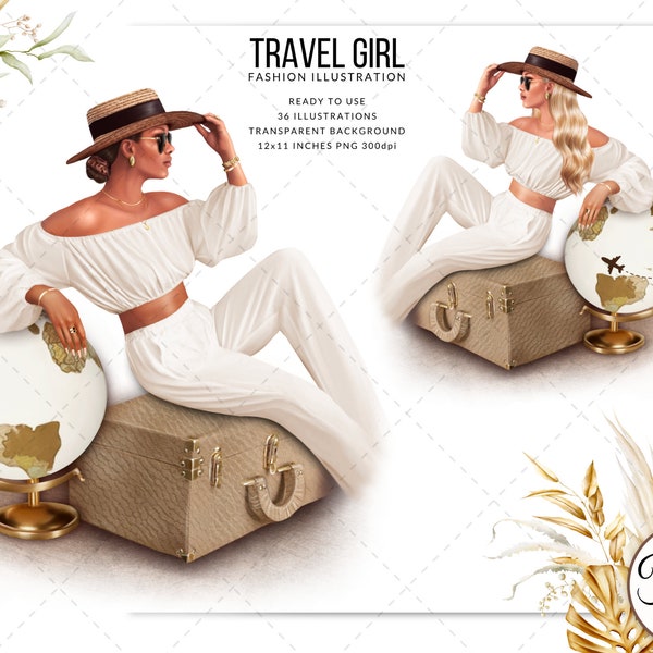 Reizen meisje mode illustratie zomer sfeer vakantie clipart reizen direct downloaden, klaar voor gebruik, gratis commercieel gebruik