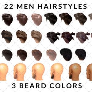 May include: 22 different men's hairstyles in various styles and colors.  The image also shows 3 beard colors.