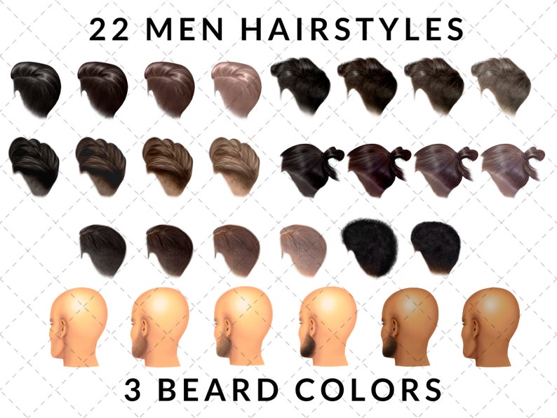May include: 22 different men's hairstyles in various styles and colors.  The image also shows 3 beard colors.