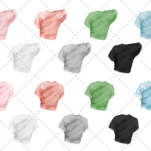 May include: A set of 10 blank t-shirts in various colors, including pink, peach, white, gray, black, light blue, and green. The shirts are all laid out flat on a white background.