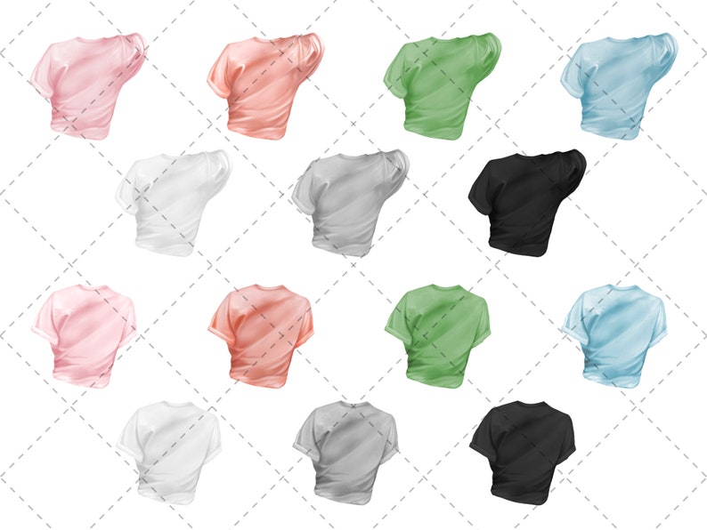 May include: A set of 10 blank t-shirts in various colors, including pink, peach, white, gray, black, light blue, and green. The shirts are all laid out flat on a white background.