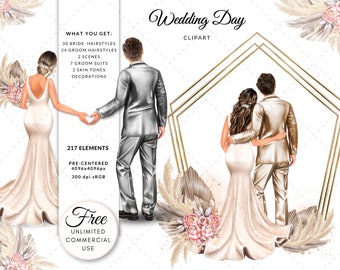 Bride and Groom Just Married Wedding Day DIY Clipart, Free Commercial Use